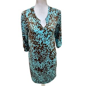 Joyce & girls 100% silk Brown & turquoise animal print 3/4 Sleeve Dress size xs